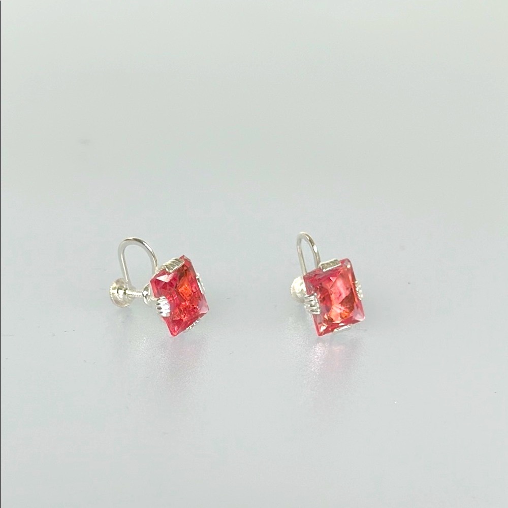 VINTAGE starlight earrings Pink Silver Stud Earrings with Square Gemstones